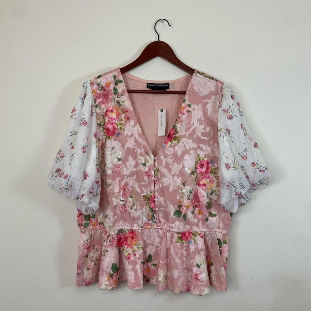 Anthropologie Hemant and Nandita NWT Floral Blouse Puff Sleeves XL Cottagecore